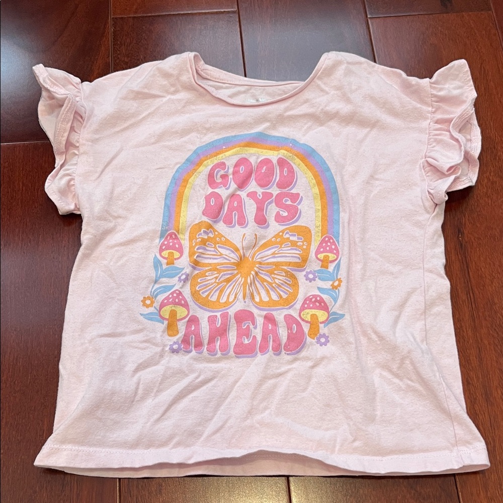 Kids Pink Ruffle Sleeve Tee with Butterfly Design